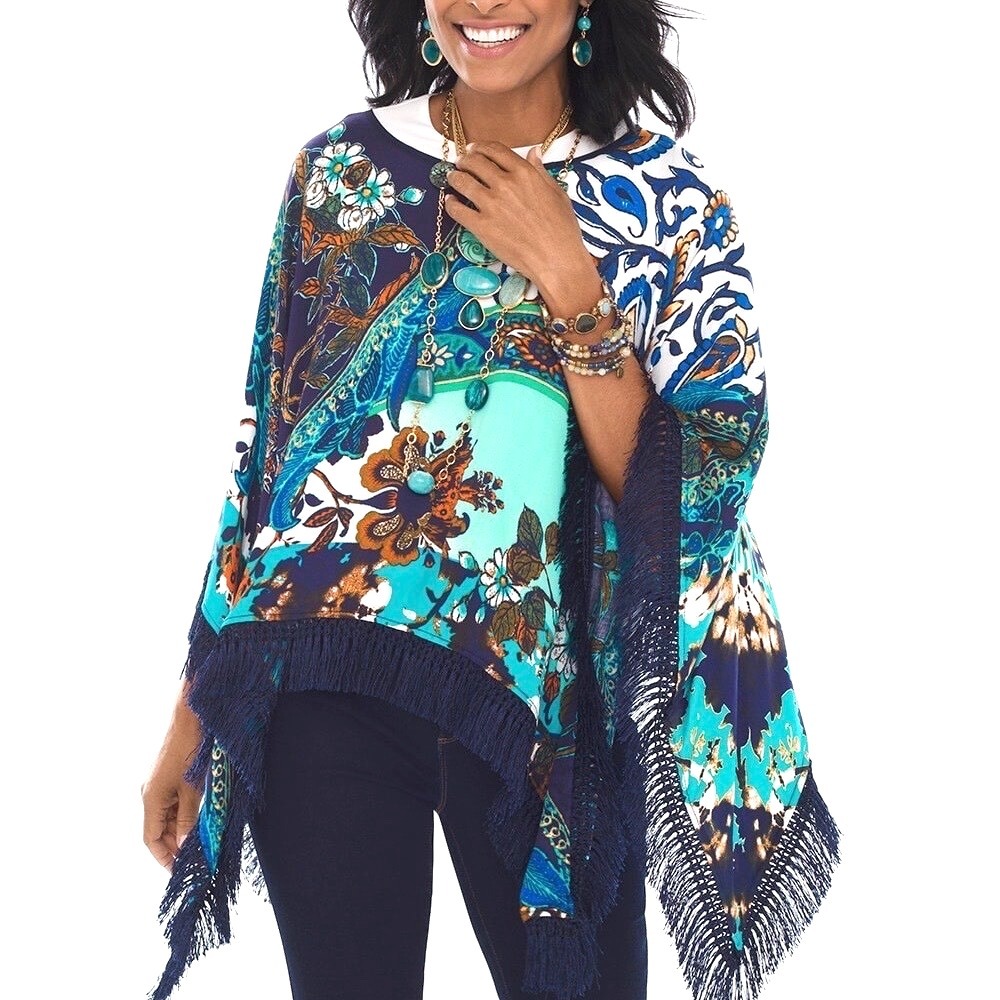 Chicos Fringe Mixed Print Poncho Womens OS Patchwork Maximalist Festival Boho